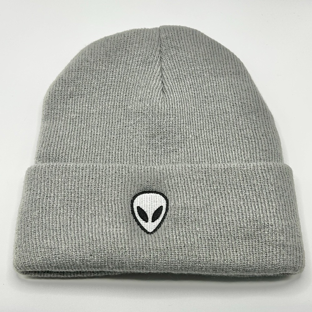 Alien Head White Cartoon Beanie Hat Cap Knit Cuff Gray Fashion Casual Outdoors